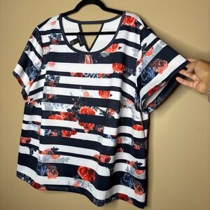 I.N.C Women's Floral Striped‎ Navy Blue White Stretch Top Plus Size 3X